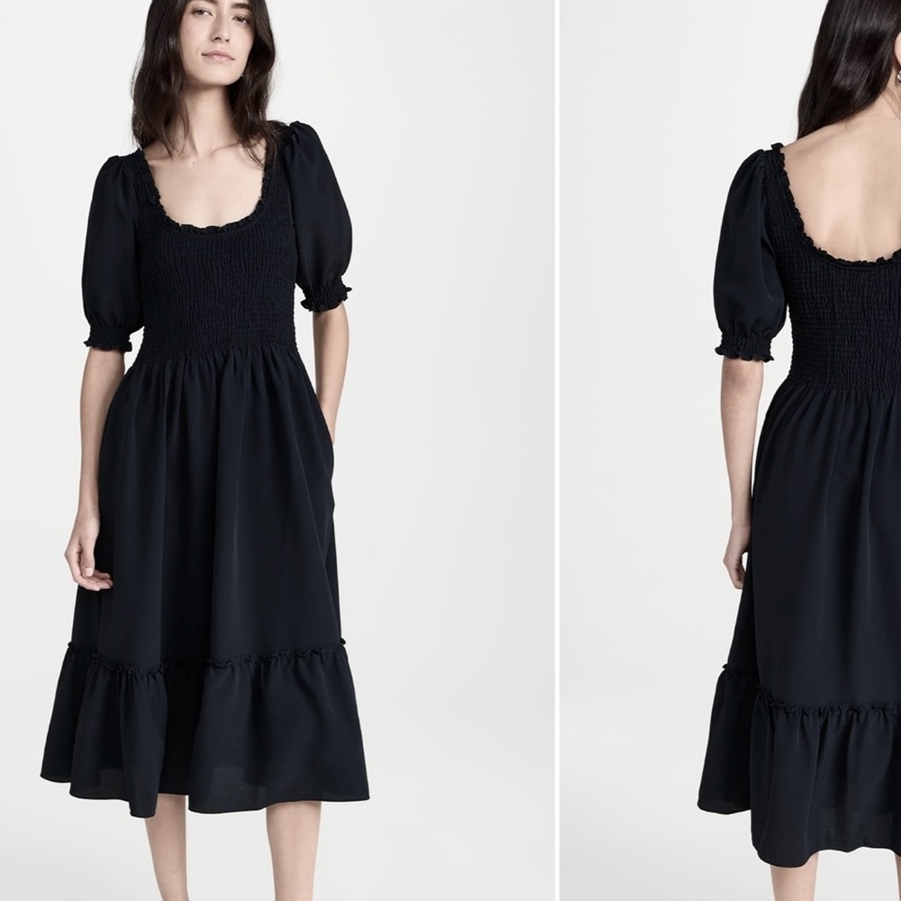 Black Smocked Midi Dress with Puff Sleeves - Picture 2 of 10